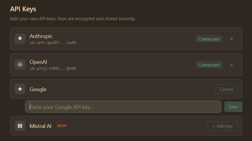 API Keys settings — Anthropic and OpenAI connected, Google key being added, Mistral AI available